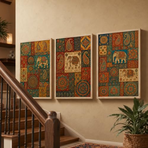 Image of Livin'luxe Set of 3 Rajasthani Elephant Patchwork Wall Paintings for Living Room Bedroom Home Decor with Premium Wooden Color Synthetic Frame (25.5 x 19.5 Inch) NM03-63