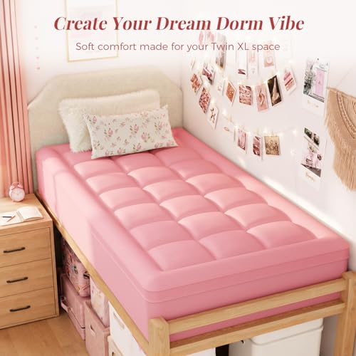 Image of ELEMUSE Twin XL Dorm Dual Layer 3 Inch Memory Foam Mattress Topper | College Essentials for Girls Pink, 2 Inch Cooling Gel Foam with 2 Inch Plush PillowTop, Relief Comfortable Support