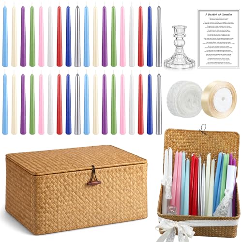 MTLEE Basket of Candles Wedding Gift Bridal Shower Wedding First Year Anniversary Candle Set for Couple Newlyweds Unique Meaningful Tradition 18 Taper Candles & 2 Glass Candleholders & Basket & Ribbon