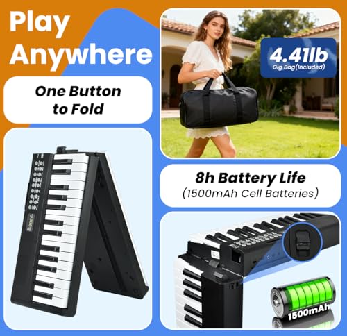 61 Key Keyboard Piano, Semi Weighted Electric Piano, Lighted Keys,8H Battery Life, USB-MIDI Keyboard -Includes Music Stand, Microphone, Stickers, Bag, Foldable Keyboard Piano for Kids/Beginners