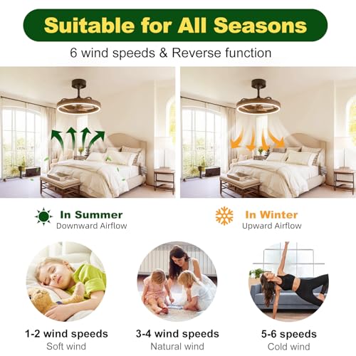 Image of Farmhouse Fandelier Retro Ceiling Fan with Light, 20 inch Rustic Brown Dimmable LED Chandelier Ceiling Fans, Low Profile Smart Bladeless Ceiling Fan Lights 6 Speeds for Bedroom, Living Room