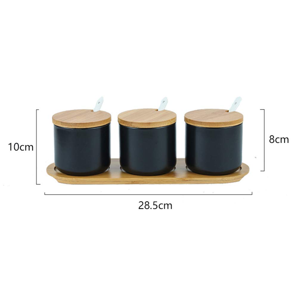 Lot de 3 Céramique Sucrier Rond Seasoning Containers Pot à épices Sel Spice Jar Condiments boîte avec Cuillère et Plateau en Bambou