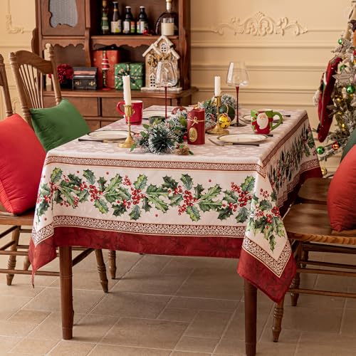 Softalker Christmas Jacquard Rectangle Tablecloth, Winter Vintage Holly Waterproof Table Cloth, Xmas Farmhouse Fabric Table Cover for Holiday, Dining, Party Decor, DHHolly 60 x 84 Inch – Image 5