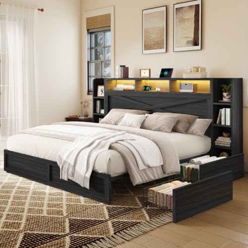 Image of AMERLIFE 45'' Farmhouse King Bed Frame with Headboard & Storage, Black