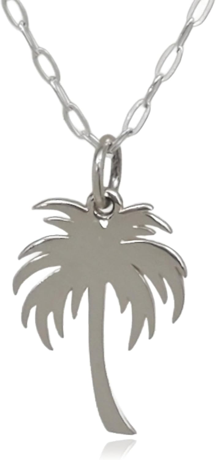 EnCharmed Sterling Silver Palm Tree Cutout Flat Charm Necklace, Tropical Beach Pendant Jewelry, 18"