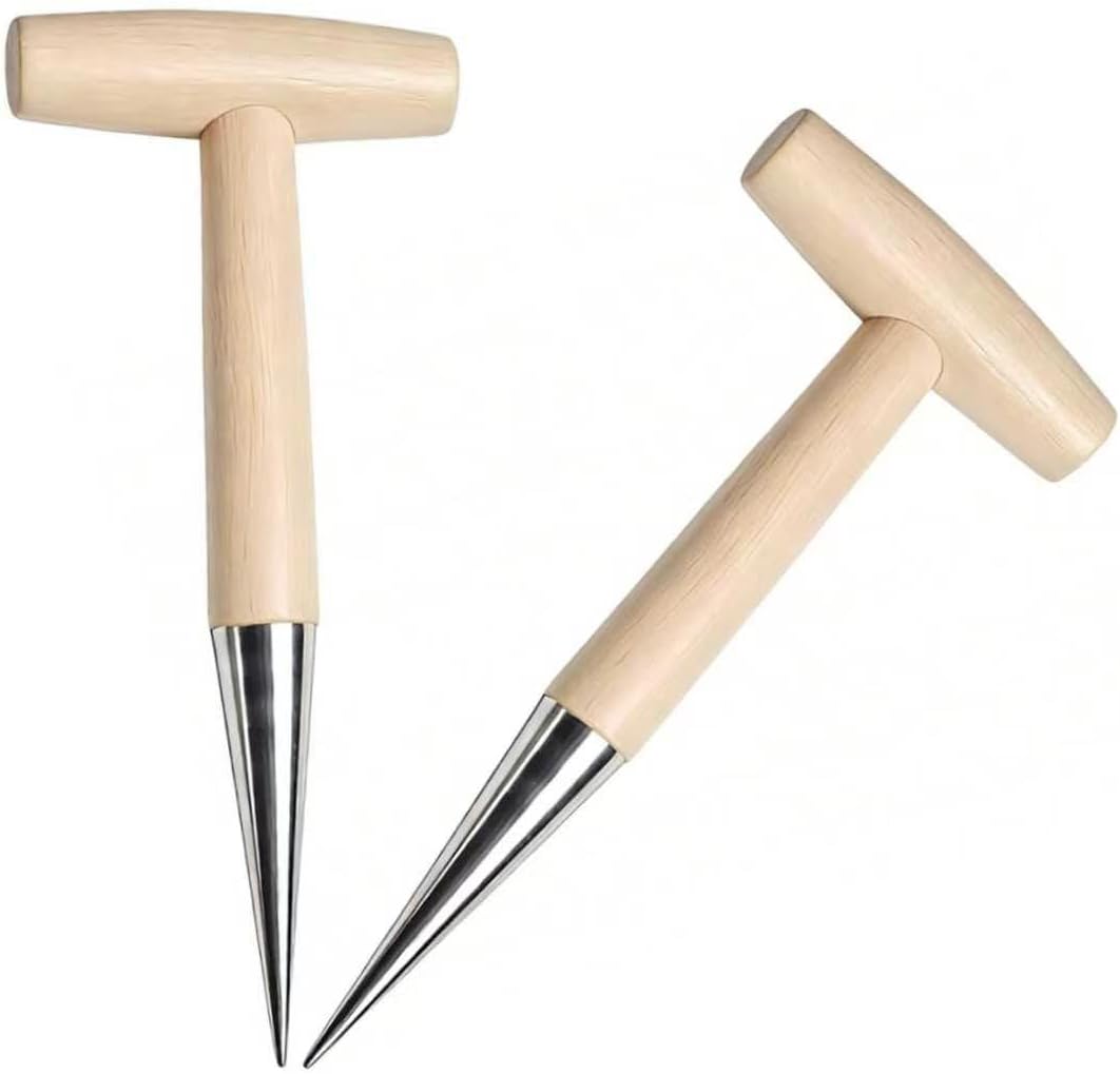 Hand Dibber Steel Sow Dibbler with Wooden Handle Garden Hole Punch Dibbler (1 PCS, Natural Wood Color)