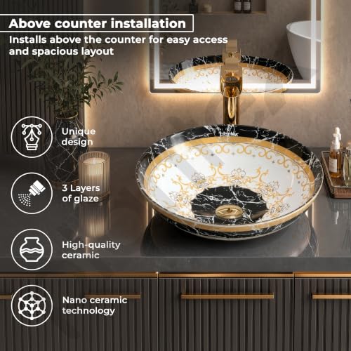 Image of Plantex Ceramic Round Wash Basin for Bathroom /Designer Table Top Basin /Countertop Vessel Sink for Restaurant /Hotel - (15.5x15.5x4.5 Inch)