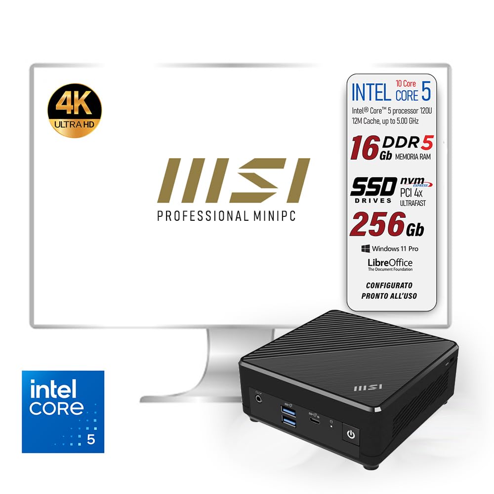 msi Cubi 5 Mini PC Fanless Intel Core 5 120U 16GB DDR5 SSD 256GB PCIe | Fino a 5GHz, Wi-Fi e Bluetooth, Doppia LAN, HDMI, USB-C, DisplayPort, Supporto 2 monitor, preconfigurato. Garanzia Italia