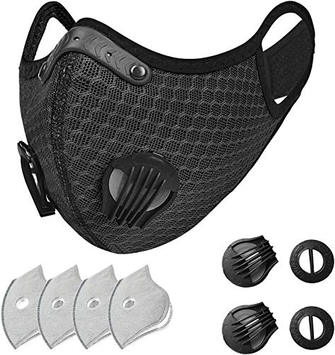 coher Reusable Dust Face Mask with 4 Filters - Personal Protective Adjustable for Running, Training, Workout, Outdoor Activities (Black 4 Activated Carbon Filters +2 Breathing Valves)