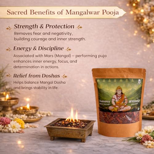 Image of Ritualistic Mangalwar Hanumanji Pavitra Hawan Samagri (350g) | with Hibiscus Petals, Rose Petals, Durva Grass & Masoor Dal | Tuesday Puja Pack | Natural Samagri for Hanuman Puja & Mangal Dosh Nivaran