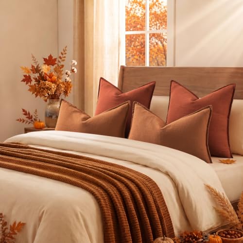 Image of decorUhome Fall Rust Linen Throw Pillow Covers 16x16 Set of 2