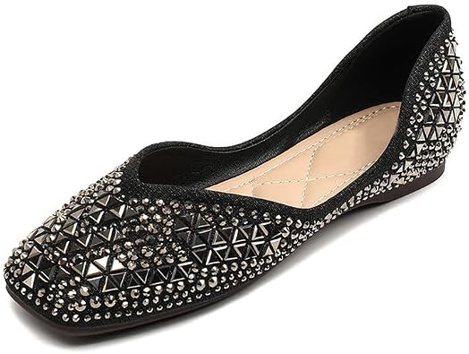 Womens Sparkly Flats Dress Shoes Wedding Low Wedges Square Toe Rhinestone Ballet Flats with Bow