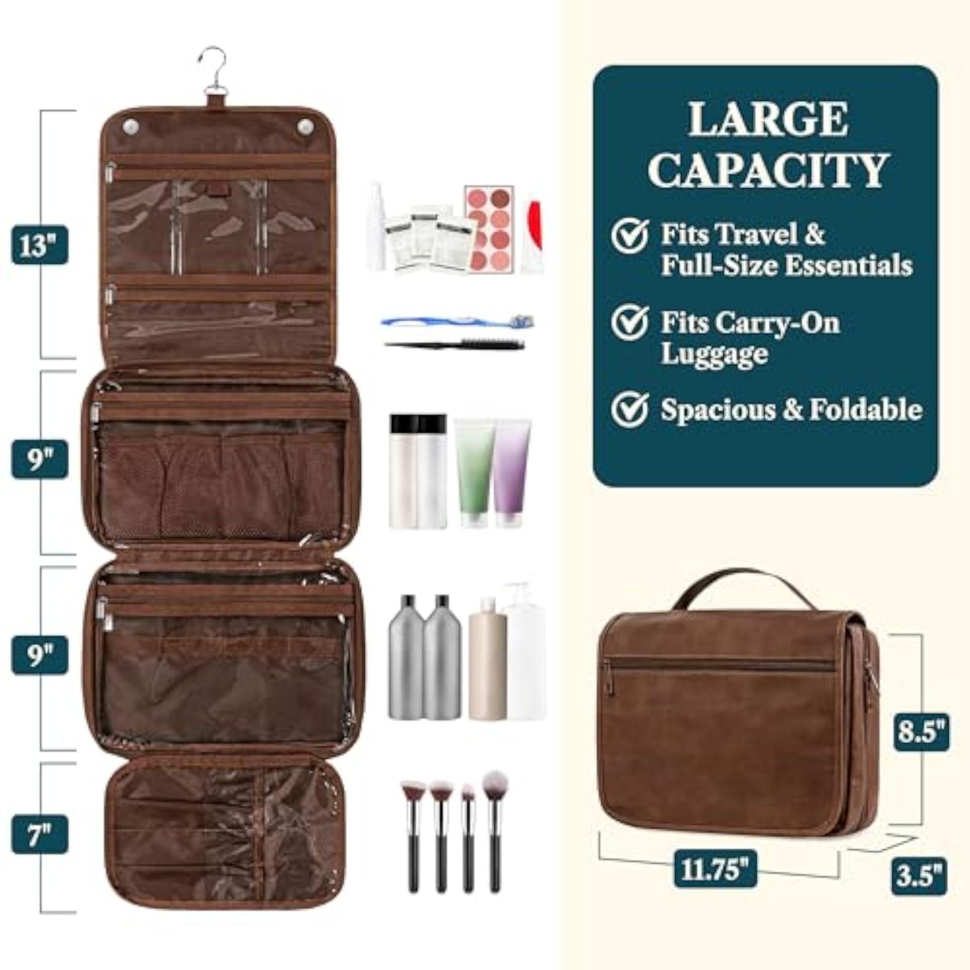 Hanging Toiletry Bag for Travel Essentials, Dark Brown
