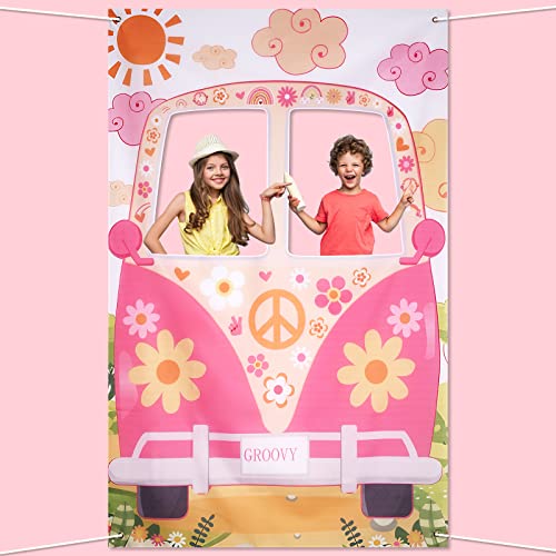 Hippie Bus Photo Prop, 59x39in Hippie Bus Decor Background Board Groovy Party Decorations Fabric Hippie Photo Bus Booth for Retro 60s 70s Party Favors Birthday Decorations Accessory