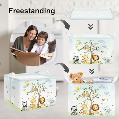 Image of Clastyle 36L Large Safari Animal Tree Baby Basket Giraffe Lion Elephant Toy Chest Bin Clothes Towel Book Shelf Basket for Kids Room Nursery | Waterproof Large Clothes Book Gift Toy Organizer Bin, Nursery Playroom Bedroom Bathroom Shelf, Safari Giraffe Lion Elephant