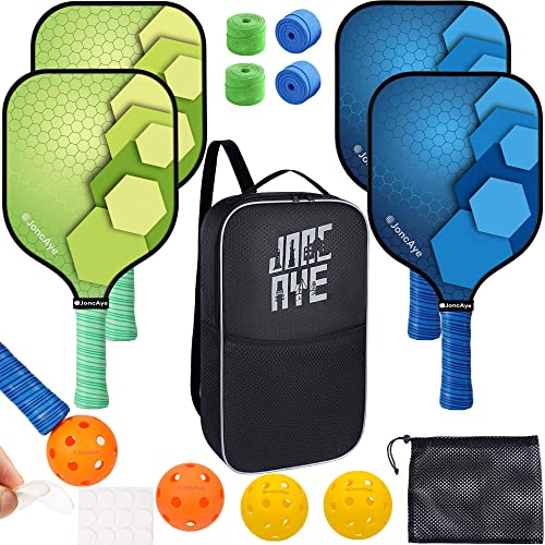 JoncAye PickleballPaddlesSetof4 with Balls, Lightweight Pickleball Rackets with Accessories