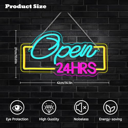 Image of Open 24 Hours Neon Signs for Wall Decor Dimmable LED Neon Lights USB Powered Light Up Sign for Business Bedroom Home Bar Club Shop Salon Hotel Decor