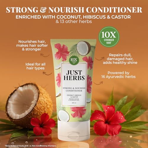 Image of Just Herbs Strong & Nourish Conditioner | Coconut, Hibiscus, Castor & 13 Herbs | 10X Stronger Hair | Controls Frizz | Ayurvedic Conditioner for All Hair Types - 200ml