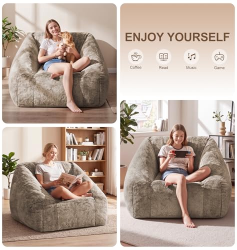 Image of Hobestluk Bean Bag Chair Plush Accent Chair Armrest Living Room Adult Brown