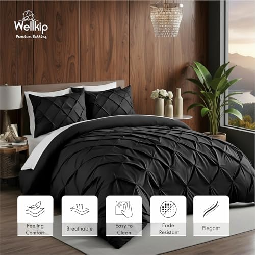 Image of Pinch Pleated Duvet Cover Set 1000TC 100% Cotton Premium 3-Pieces 1-Duvet Cover & 2-Pillow Cover Luxury Look Home and Hotel Zipper & 8-Tie Closure (Black, Queen 90 X 90 Inch)