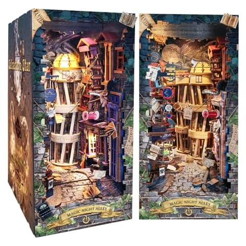 Spilay DIY Book Nook Kit,DIY Dollhouse Booknook Bookshelf Insert Decor Alley,Bookends Model Build kit,Handmade Crafts Gifts for Birthday Christmas (Magical Night Alley with LED lights, English manual) Cover