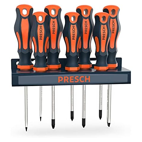 Presch Screwdriver Set 7 Pcs. - Magnetic Screwdrivers with Wall Storage Tool Rack in Slot/Flat and Phillips Head Cover