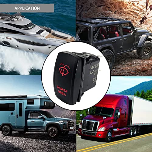 Image of Red Backlit 6PIN (ON)-ON-Off Washer Wiper Rocker Switch with Jumper Wires DPDT Momentary Toggle Switch for Automotive Yacht Truck RZR Side by Side UTV Central Console 12V 24V Waterproof IP67