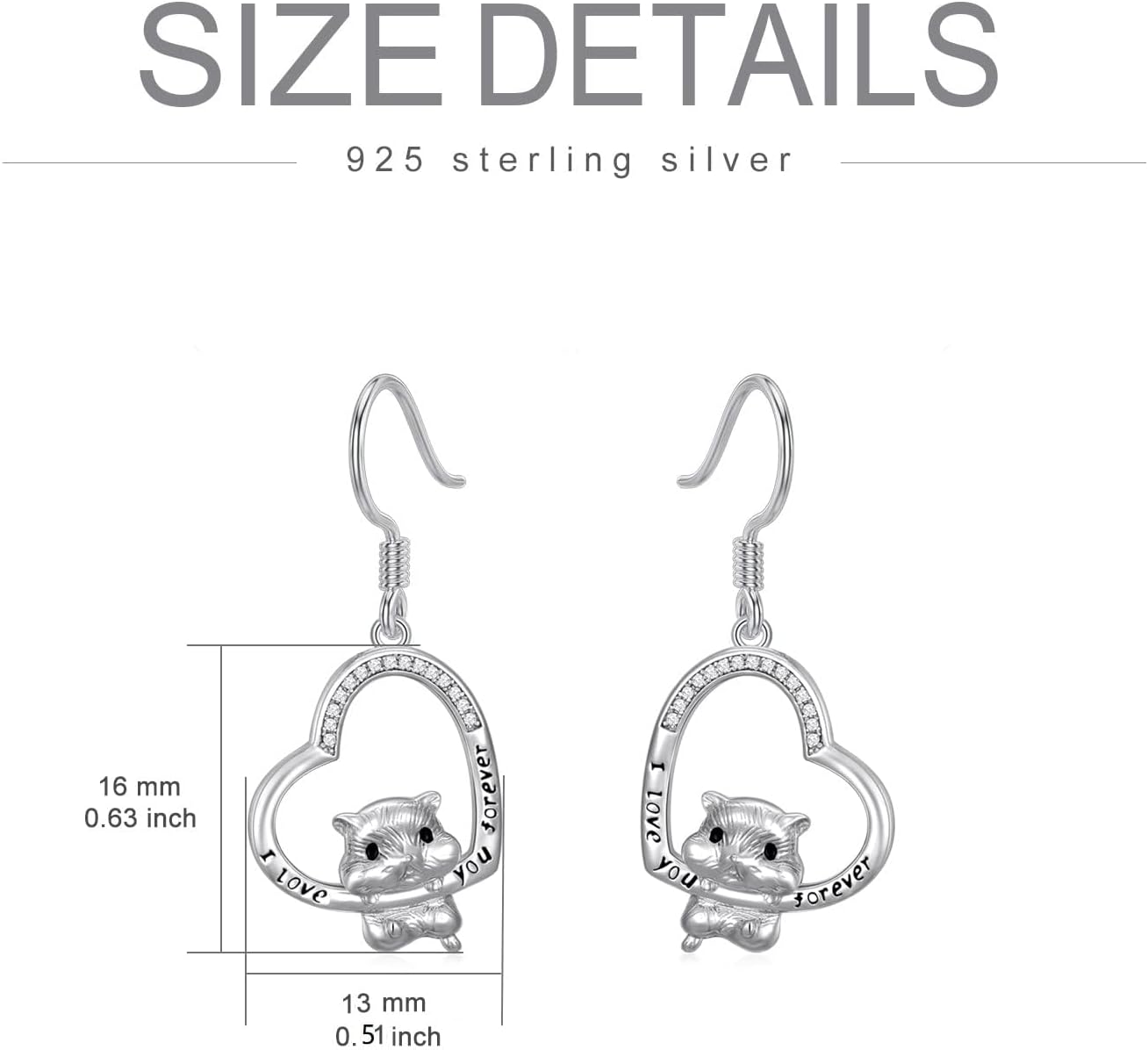 ROMANTICWORK Hamster Dangle Earrings for Women S925 Sterling Silver Heart Animal Jewelry Gift for Girlfriend Wife or Mother's Day