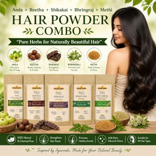 Image of Premium Ayurvedic Amla Reetha Shikakai Bhringraj and Methi Hair Powder Combo for Hair Growth and Hair Fall Control- Pack of 5 (100GM Each)