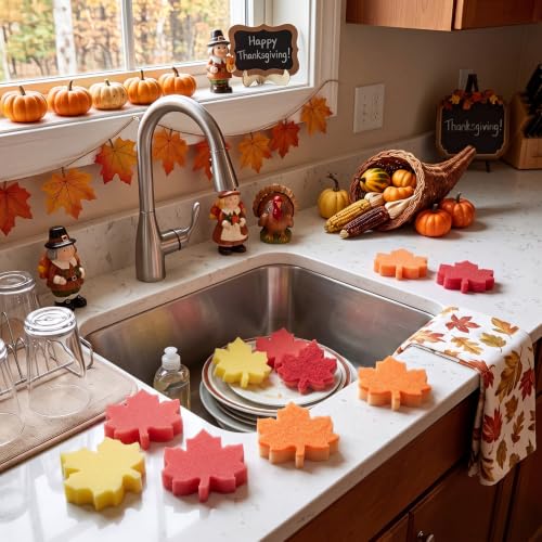 Image of Tioncy 12 Pack Maple Leaves Kitchen Sponges Bulk Dual Sided Scrubber Fall Maple Leaves Sponges Reuseble Non Scratch Dishwashing Kitchen Cleaning Accessories for Pot Boiler Pan Household