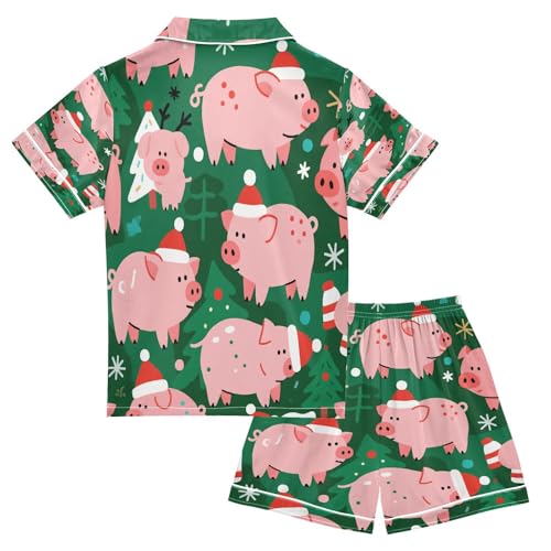 Satin Pajama Sets Short Sleeve Pig Pattern with Christmas Button Down Silky Nightwear 2 Piece PJS 5-14Y2