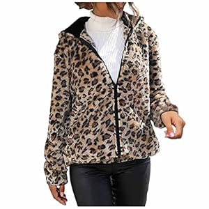 Women Fleece Lined Leopard Print Hoodies Casual Long Sleeve Zip Up Loose Sweatshrits Spring Going Out Warm Jacket Pullover