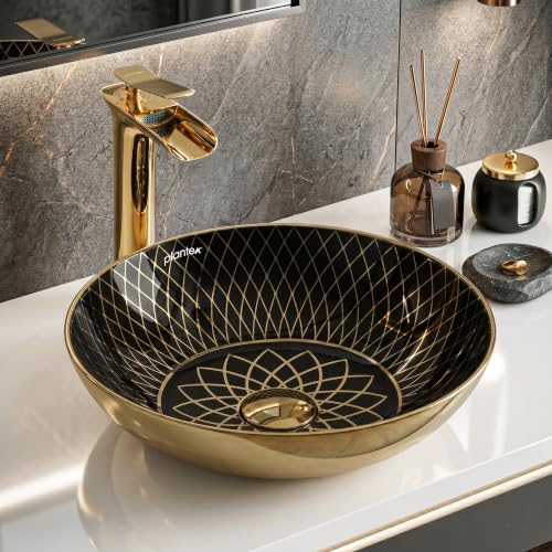 Image of Plantex Table Top Wash Basin For Bathroom /Designer Ceramic Basin /Countertop Vessel Sink Basin - Indo-European Collection (16 x 16 x 5 Inch)