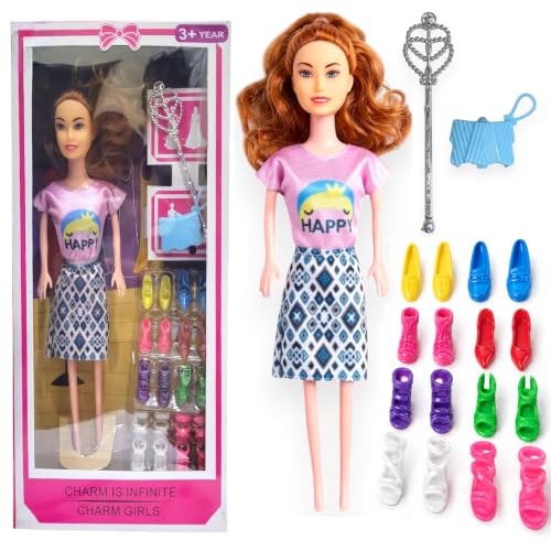 Image of SHAKTISM Doll Set for Girls with Makeup, Dress, Accessories, Wardrobe Closet, Hangers, Necklace, Multicolor, 3 Years and Up (Charm Girls Doll)