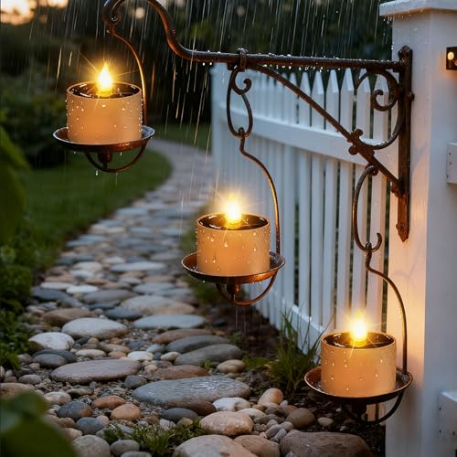 Image of 6 Pack Outdoor Solar Waterproof LED Tea Lights for Garden Decor | Solar powered candles. Rechargeable flameless flickering electric votive tea lights for outside window & backyard lanterns