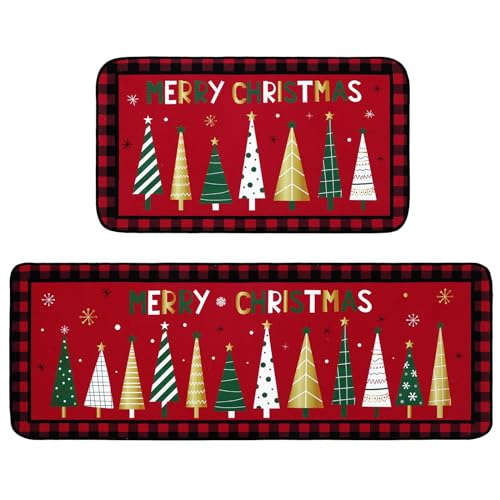 Bencailor Set of 2 Christmas Kitchen Rugs and Mats Merry Christmas Xmas Trees Floor Mat Non Slip Red Black Buffalo Plaid Doormat Home Holiday Kitchen Decor, 17 x 30 Inch, 17 x 47 Inch