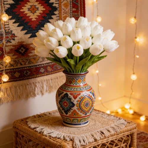 Artificial Tulips Bridal Wedding Festival Decor Bouquet Real Touch PU Flower Bouquet Pack of 20 (White) image 2