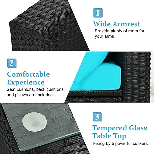 Image of DEVOKO 5 Pieces Outdoor Patio Furniture Wicker Sectional Sofa All-Weather HDPE Rattan Conversation Sets for Garden, Poolside, Porch (Turquoise Blue & Black)