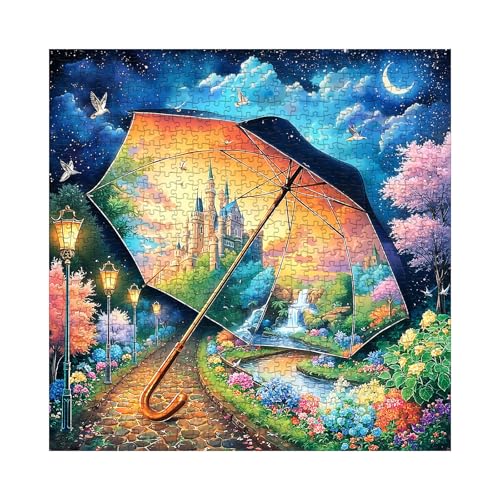 Larkipuzz Fantasy Garden Castle Landscape Puzzles for Adults 1000 Pieces | Beautiful Umbrella Sunset Flower Plant Jigsaw Puzzles, Colorful Art Night Sky Floral Scenic Wildflower Puzzle