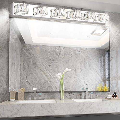 Aipsun 6 Lights 41in Crystal Vanity Lights Over Mirror Long Bathroom Lighting Fixture Modern LED Vanity Light for Bathroom,White Light 6000K