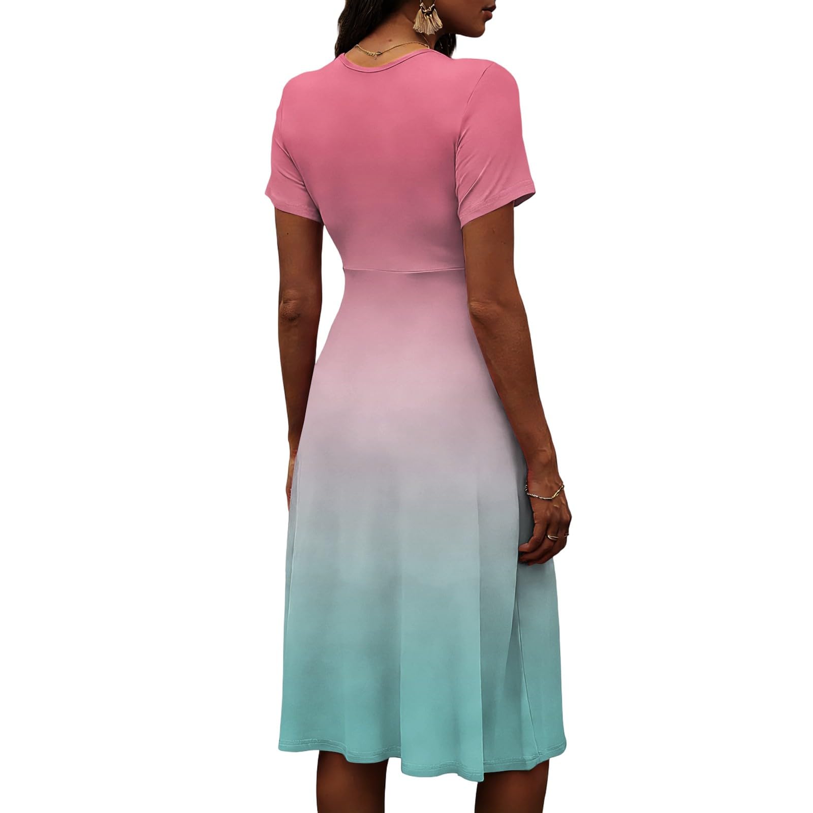 Generico Sommerkleid für Damen – Langes Sommerkleid für Damen, Midi-Kleid, A-Linie, hohe Taille, gerüscht, V-Ausschnitt, mit Schlitz, Farbverlauf, lässig, böhmischer Stil, für Urlaub