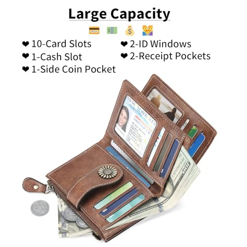 Image of SENDEFN Small Womens Wallet Leather Bifold Card Holder RFID Blocking with Zipper Coin Pocket