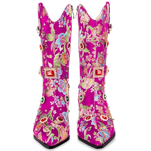 Image of LOCERICH Women Rhinestone Cowboy Sparkly Cowgirl Boots Diamond Western Floral Embroidery Mid Calf Booties