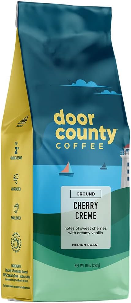 Door County Cherry Crème Flavored Coffee Ground - 10 oz Bag - Medium Roast - 100% Specialty Arabica - 100% Specialty Grade 1 Arabica Coffee