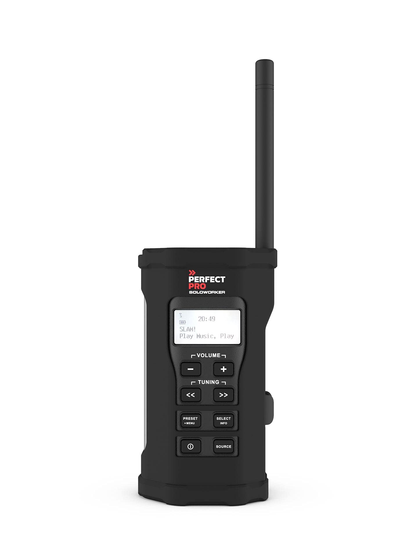 PerfectPro Baustellenradio SOLOWORKER, DAB+ und UKW Empfang, Bluetooth, AUX-Eingang, Inklusive Ladegerät und Lithium-Akku, Sehr Kompaktes Radio, IP64, SWBT2
