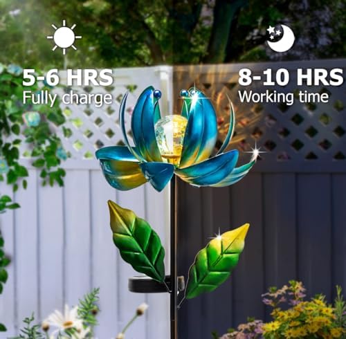 Solar Yard Lights Wind Spinners- Metal Lotus Flower Garden Decor LED Crackle Glass Globe Yard Art Sculpture Solar Stake Lights for Patio Pathway Lawn Walkway - 3