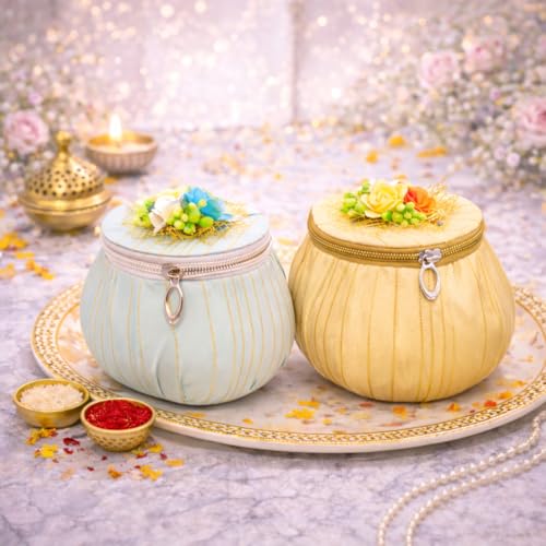 Image of Jaipur Ace Shagun Potli Gift Box Set of 2 with Zipper | Decorative Velvet Jewelry Organizer & Cash Storage Box | Wedding Return Gifts, Rakhi Gift Box, Bridal Shagun Box, Festive Gift Packaging, Money Holder Pouch (SET OF 2)
