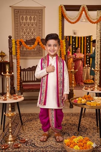 Image of Boys Dhoti Kurta Set Sherwani Style for Kids | Ethnic Traditional Kids Wear with Patiala Dhoti & Dupatta | Wedding Dress for Boys | Indian Cultural Outfit for Puja Festival Party