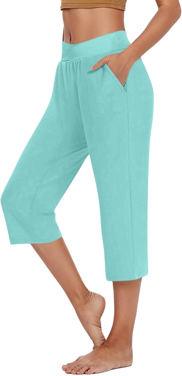 Womens Yoga Capris Stretchy High Waist Leggings Summer Athletic Gym Workout Capri Pants with Pockets Golf Hiking Joggers