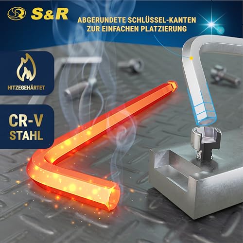 S&R Innensechskantschlüssel Satz HX, 13-tlg mit Kugelkopf, Innensechskant LANG, 1,27 bis 10 mm, Cr-V-Stahl gehärtet, Winkelschlüssel rostfrei, Sechskant Schlüssel-Set in stabilem Klapp-Halter